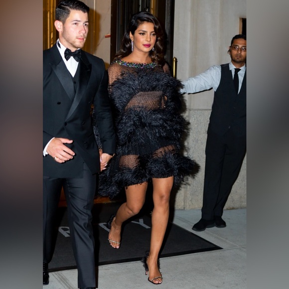 Amina Muaddi Black Crystal Embellished Satin and Feather Adwoa Slingback - Picture 2 of 5